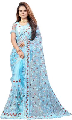 A To Z Cart Embroidered Bollywood Net Saree(Light Blue)