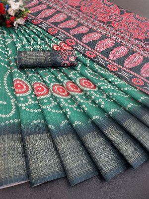 Febo Fashion Digital Print Banarasi Silk Blend Saree(Green)