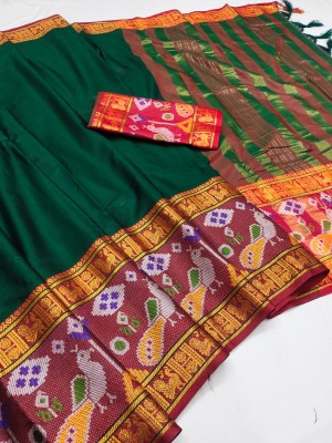 Shivaarya Animal Print Narayanpet Jacquard, Cotton Silk Saree(Dark Green)