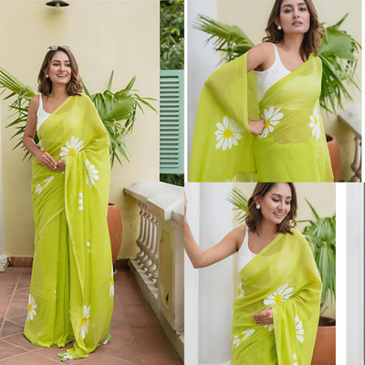 Marabout Digital Print Bollywood Cotton Linen Saree(Green)