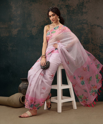 Divastri Digital Print Kalamkari Cotton Blend Saree(Pink)