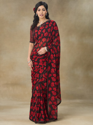 FABMORA Printed Bollywood Chiffon Saree(Red)