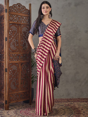 HouseOfCommon Striped, Digital Print Bollywood Silk Blend Saree(Maroon, Cream)