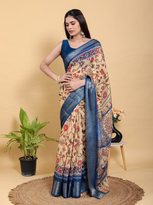 PK SAREES Printed Kalamkari Linen Saree(Multicolor)
