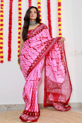 JASU CREATION Printed Ikkat Pure Cotton Saree(Pink)