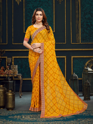 Kanooda Prints Printed Bandhani Georgette Saree(Yellow)
