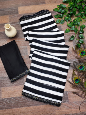 Anand Sarees Embellished, Striped, Printed Leheria Georgette Saree(White, Black)