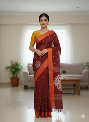 DUDHANE TRADING CORPORATION Printed, Blocked Printed, Floral Print Bandhani Silk Blend Saree(Maroon)