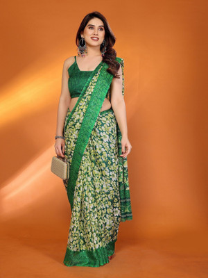 RAJESHWAR FASHION Floral Print Daily Wear Cotton Blend, Supernet Saree(Green)