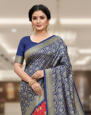 Anugrah Textile Printed Banarasi Lycra Blend, Chiffon Saree(Blue, Red)