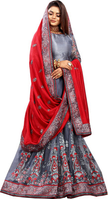 b bella creation Embellished Bollywood Net, Art Silk Saree(Red)