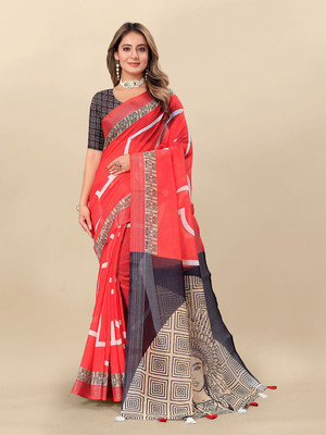ANOUK Printed Saree with Attached Blouse Linen Saree(Red)
