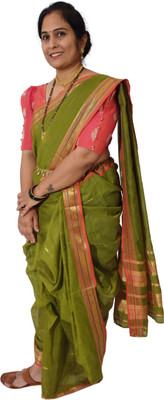 Mom and Me Woven Handloom Cotton Silk Saree(Light Green)