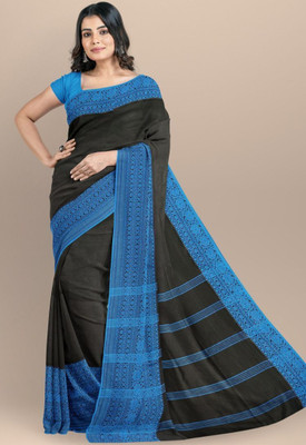 BRYNBRIT Woven Daily Wear Cotton Blend Saree(Black, Blue)