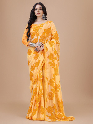 Sangria Printed Bollywood Chiffon, Silk Blend Saree(Yellow)