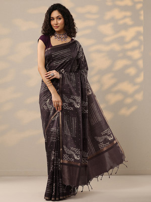 LIBAS Printed Daily Wear Silk Blend Saree(Brown)