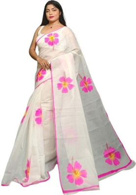 ANU INDIAN FASHION Floral Print Handloom Cotton Blend Saree(White, Pink)