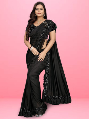 HouseOfCommon Solid/Plain Bollywood Lycra Blend Saree(Black)