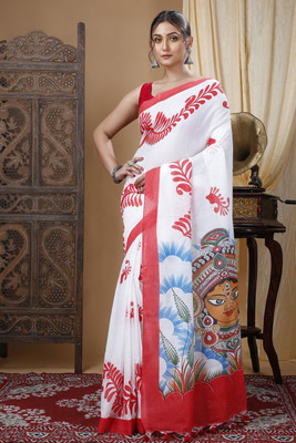 zyrah Graphic Print Saree with Attached Blouse Handloom Cotton Blend Saree(White, Red)