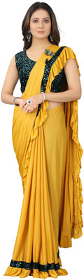 Onemorecreation Printed Banarasi Lycra Blend Saree(Yellow)