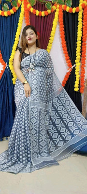 RIDDHIMAN FASHION Self Design Jamdani Cotton Silk Saree(Grey)