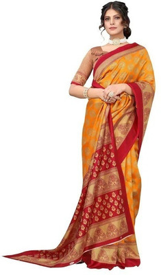 Grubstaker Printed Daily Wear Cotton Blend Saree(Yellow)