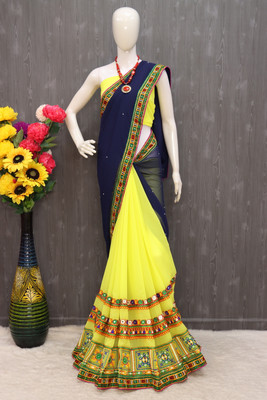 Divastri Self Design, Printed Bollywood Georgette Saree(Yellow, Blue)