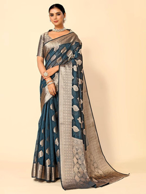 SHRIMAY Embellished, Woven, Self Design Bollywood Net, Organza Saree(Dark Blue)
