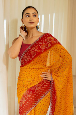 MIRCHI FASHION Printed, Blocked Printed Bandhani Georgette Saree(Yellow)