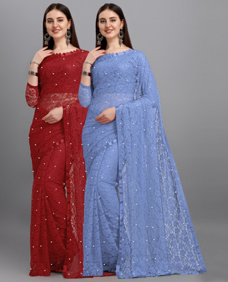 LOROFY Self Design Bollywood Net Saree(Pack of 2, Multicolor)