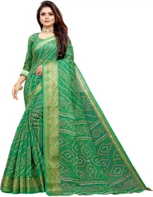 Saadhvi Digital Print Bandhani Cotton Silk Saree(Dark Green)