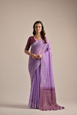 PeachPetals Woven, Self Design Banarasi Cotton Silk Saree(Purple)