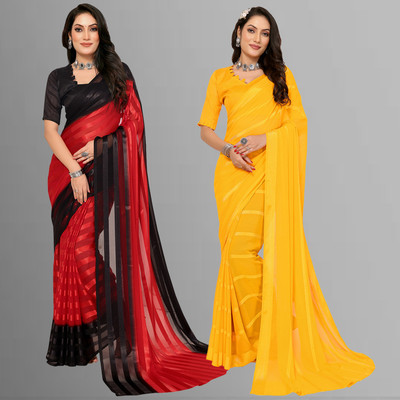 Anand Sarees Self Design Bollywood Satin Saree(Pack of 2, Black, Red, Yellow)