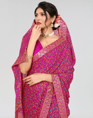 ANIRAV Printed Daily Wear Georgette, Lace Saree(Pink)