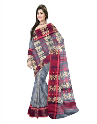 Pradip Fabrics Self Design Tant Silk Blend Saree(Grey, Red)