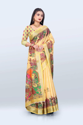THEPRINTEMPIRE Printed Kalamkari Cotton Linen Saree(Yellow)
