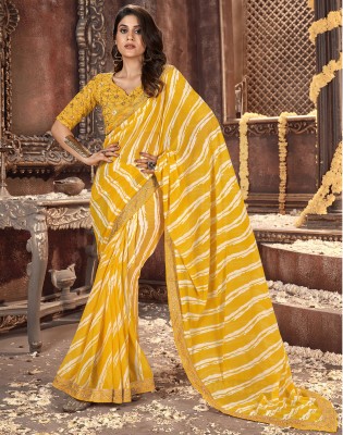 Satrani Printed, Embroidered, Embellished Bollywood Georgette Saree(Yellow, White)
