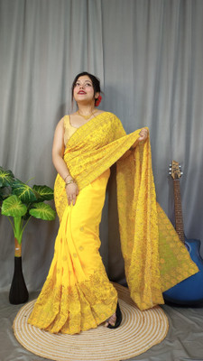 ARNA GARMENTS Embroidered Saree with Attached Blouse Art Silk Saree(Yellow)