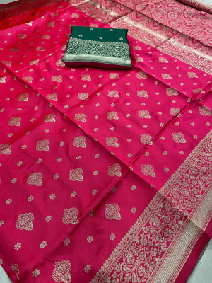 CKDESIGNER Woven Banarasi Jacquard Saree(Pink, Green)