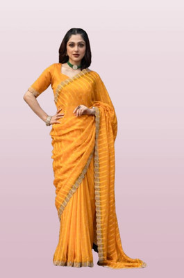 HouseOfCommon Embellished, Geometric Print, Solid/Plain, Self Design, Checkered Bollywood Georgette Saree(Yellow)