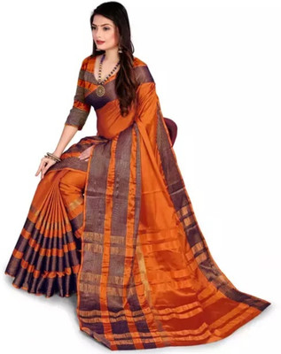 HITESH ENTERPRISE Solid/Plain Daily Wear Cotton Silk Saree(Orange)