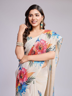 LOROFY Digital Print Chanderi Linen Saree(Multicolor)