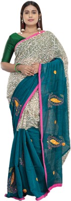 BongTrendz Printed Handloom Pure Cotton Saree(Dark Green)