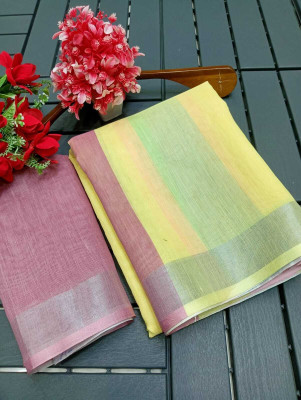 PRTRENDZ Striped Kanjivaram Cotton Linen, Linen Saree(Multicolor)