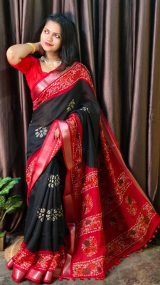 Suto Printed, Floral Print Bandhani Linen Saree(Black, Red)
