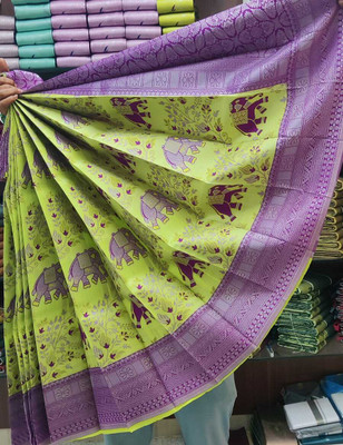 het designer studio Floral Print, Applique, Blocked Printed, Embroidered, Woven, Self Design Bollywood Georgette Saree(Light Green, Purple)