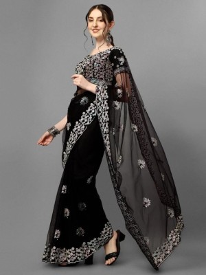 zili Embroidered Bollywood Net Saree(Black)