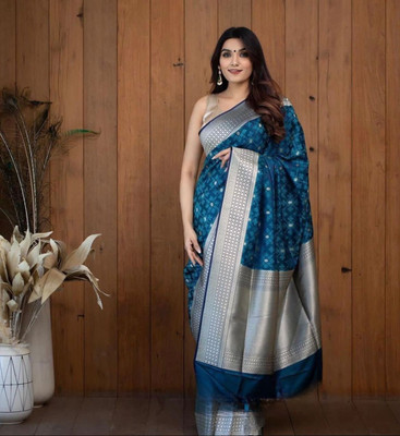 hitesh pahuja Floral Print Banarasi Silk Blend Saree(Blue, Silver)