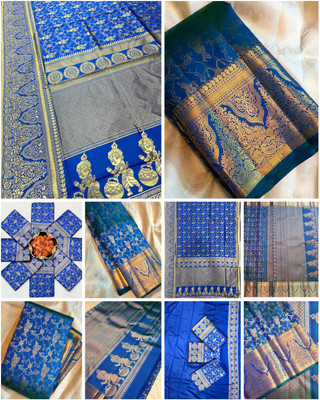 Shreehari Fashion Self Design Banarasi Pure Silk, Jacquard Saree(Blue)