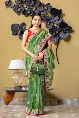 Yozzby Embroidered Bollywood Net Saree(Green)